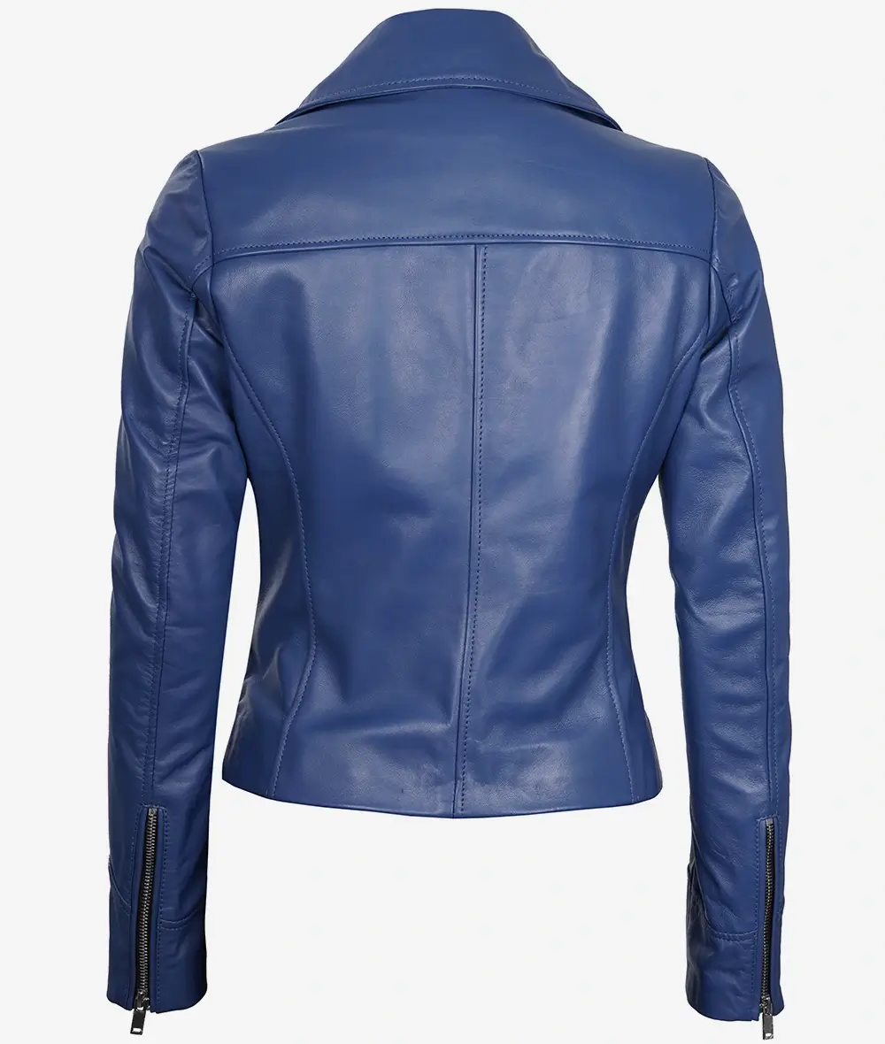 Womens Real Lambskin Leather Blue Moto Jacket