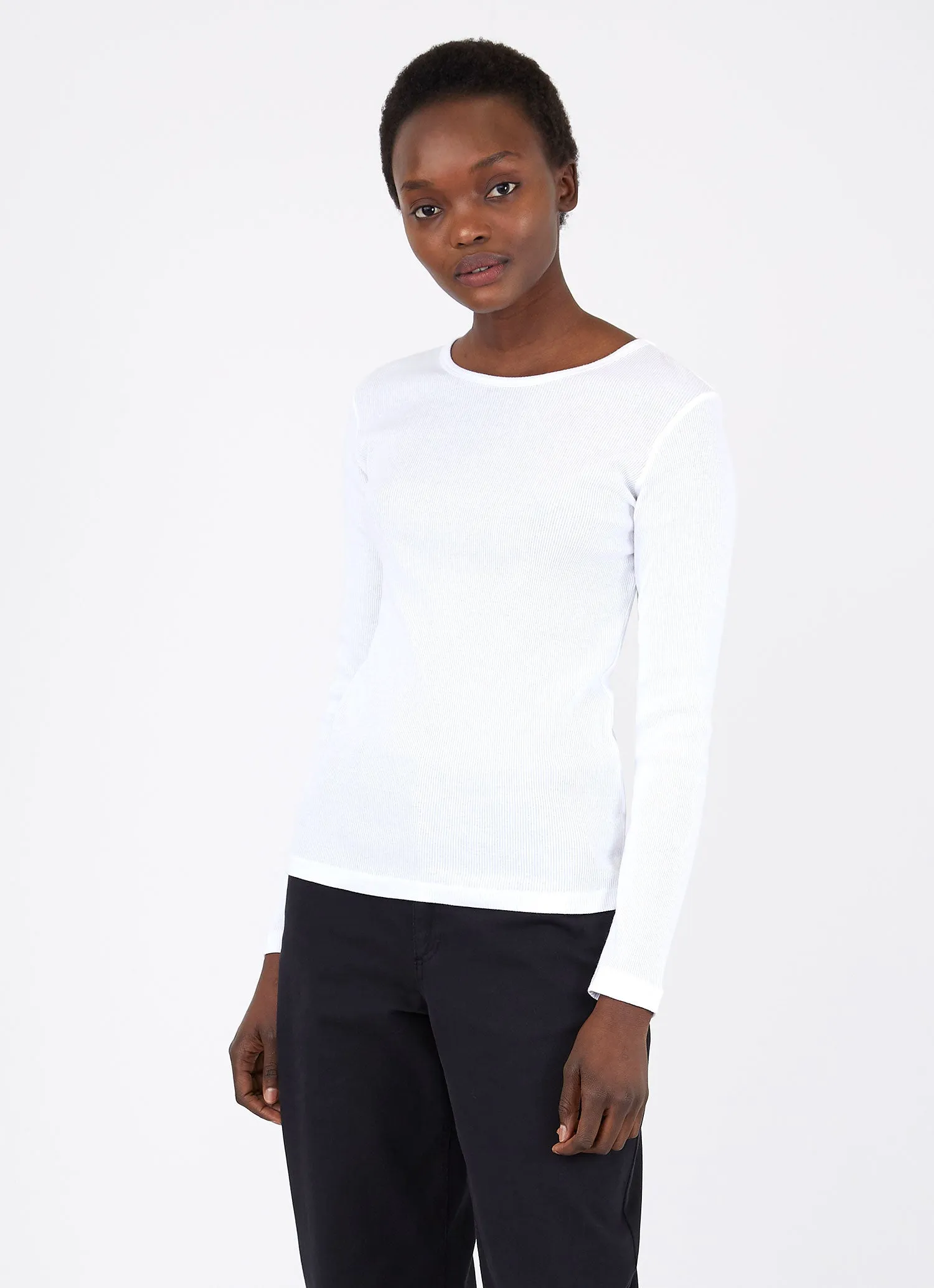 Women's White Rib Long Sleeve T-shirt