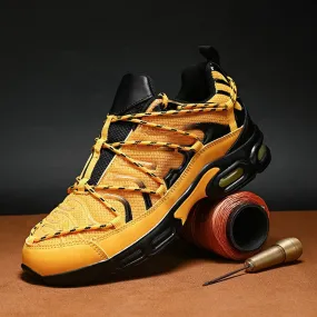 Yellow Synthetic Leather Gingham Running Shoes for Men