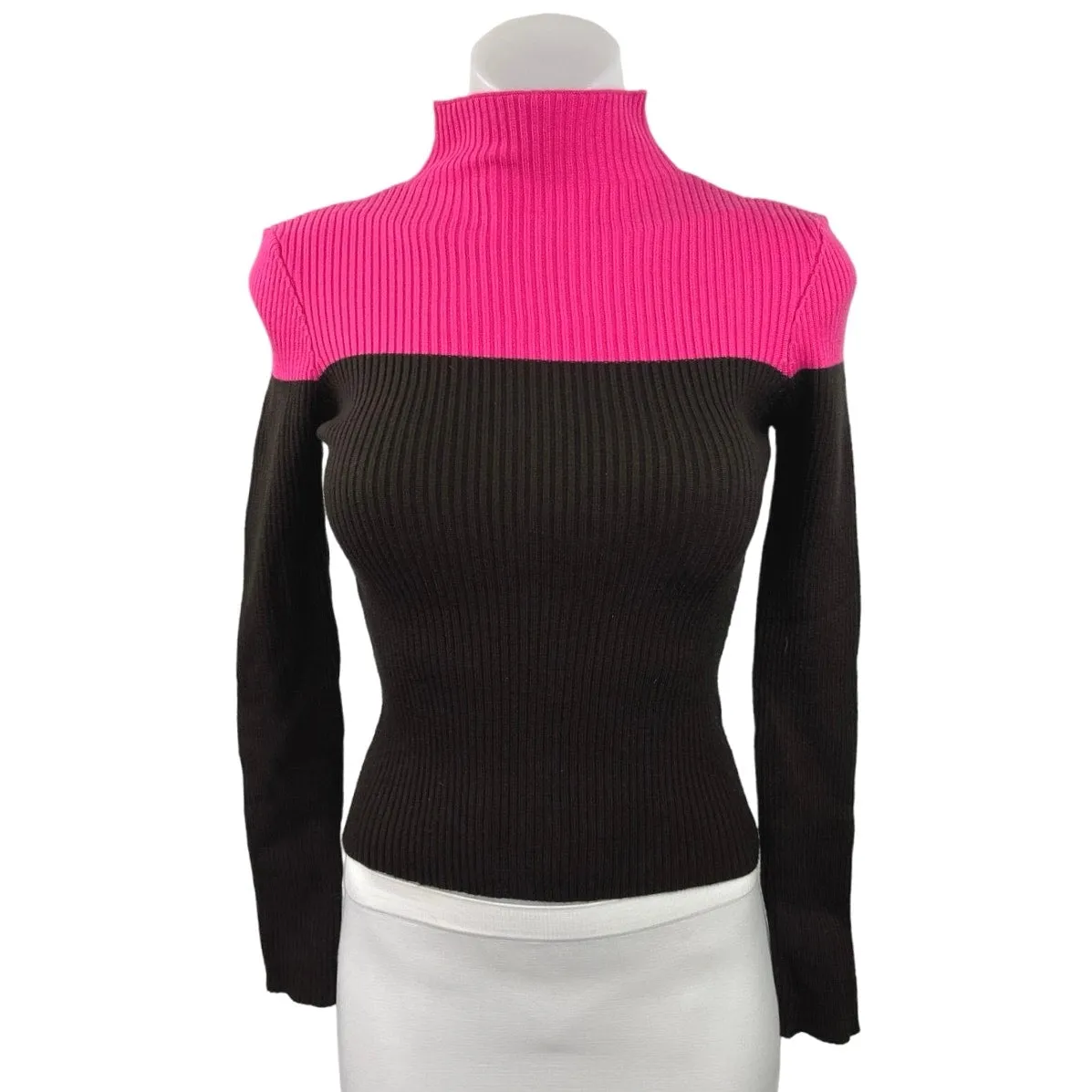 Zara Brown Pink Colorblock Rib Knit Mock Neck Long Sleeve Pullover Sweater Sz S